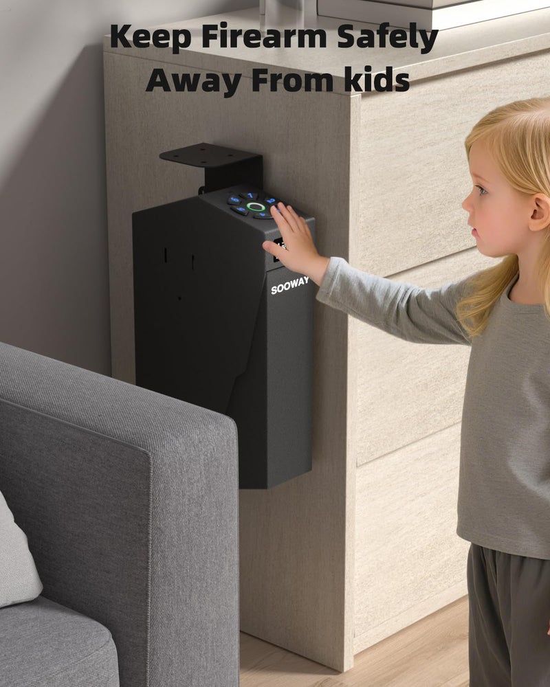 SOOWAY Gun Safe, Mounted Biometric Pistol Safe Drop Down Gun Lock Box for Handgun with 3 Ways Quick Access Bedside Pistol Case for Nightstand, Desk, Wall, Dresser - Image 5